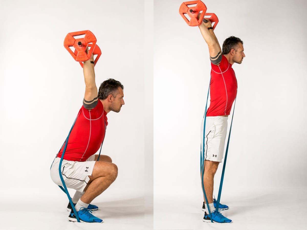Overhead Band Cross & Barbell Squat