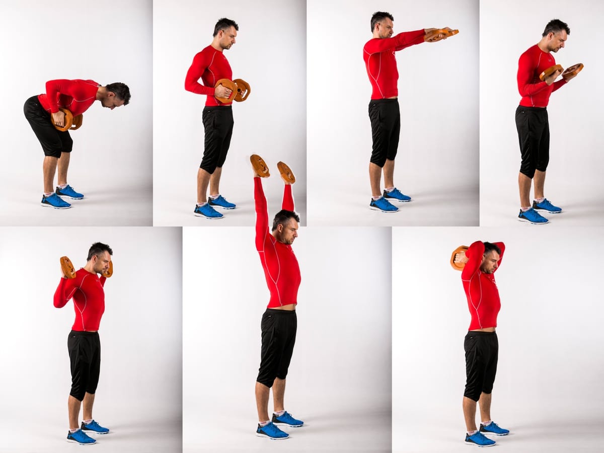 Row to High Pull to Front Raise Biceps Curl