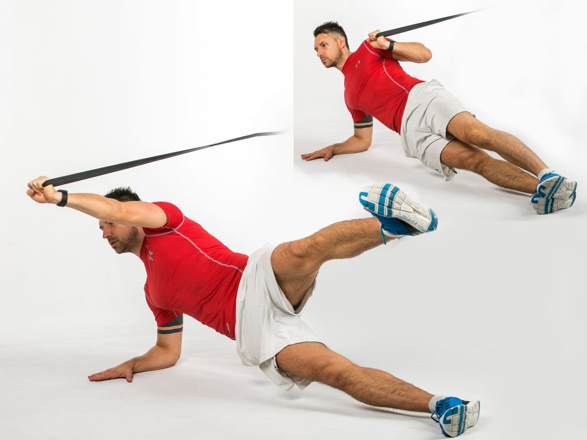 Side Plank Band Chest Press/Single Leg