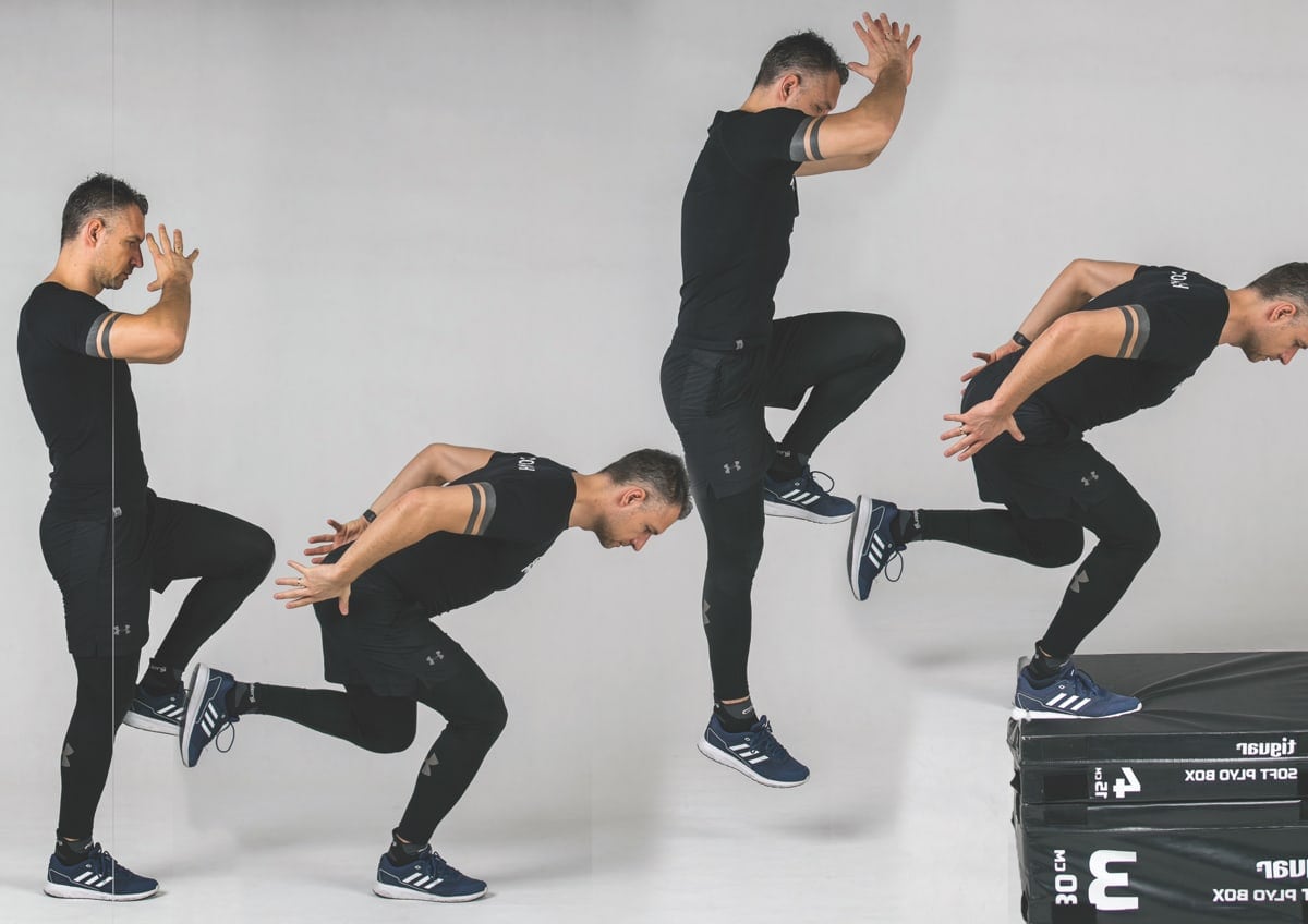 Wyskok na box jednonóż z zamachem