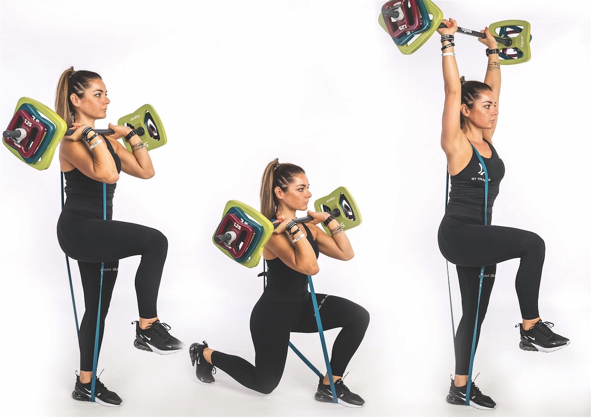 Lunge Leg Raises Cross Band Barbell Press